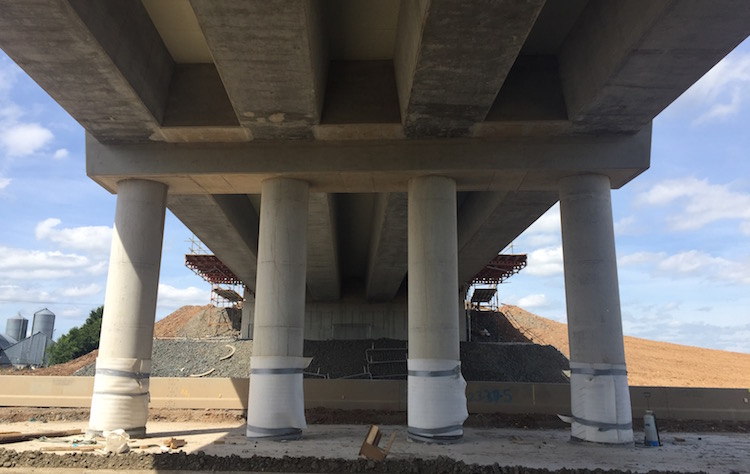 Underside of Bellshill Road showing 4
                          beams and 4 central columns