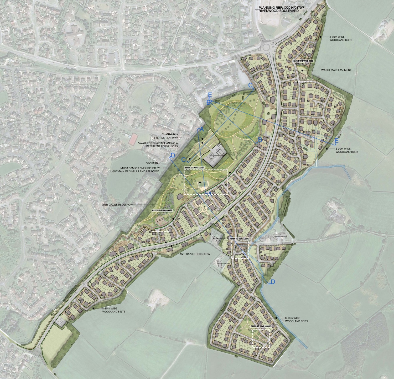 Map of a road running in a gentle S-curve
                          from bottom left to top right, with propsoed
                          housing on each side.