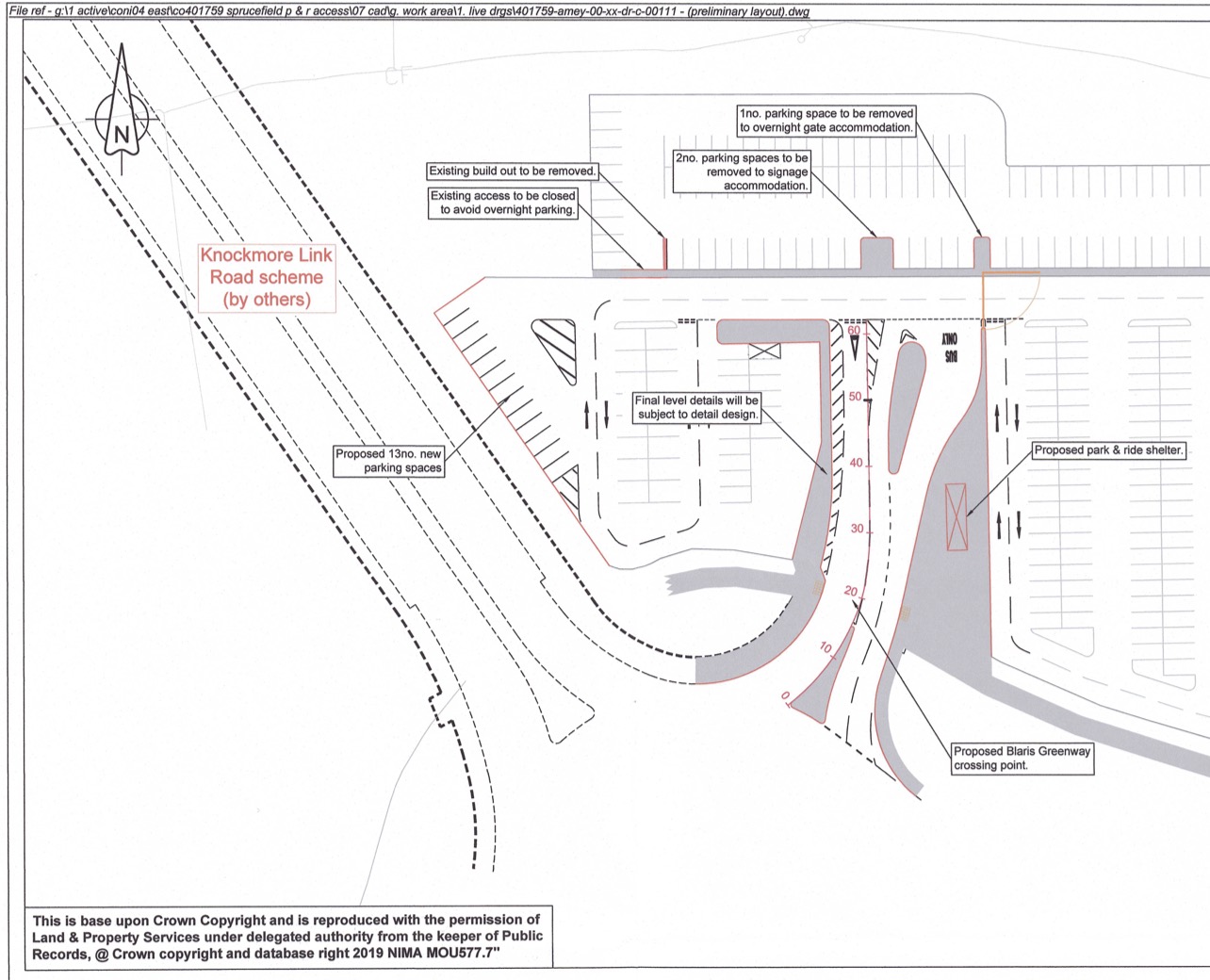 Drawing of proposed new arrangement with
                          an entrance on the north side of the
                          roundabout and a new road heading to the NW
                          from the roundabout.