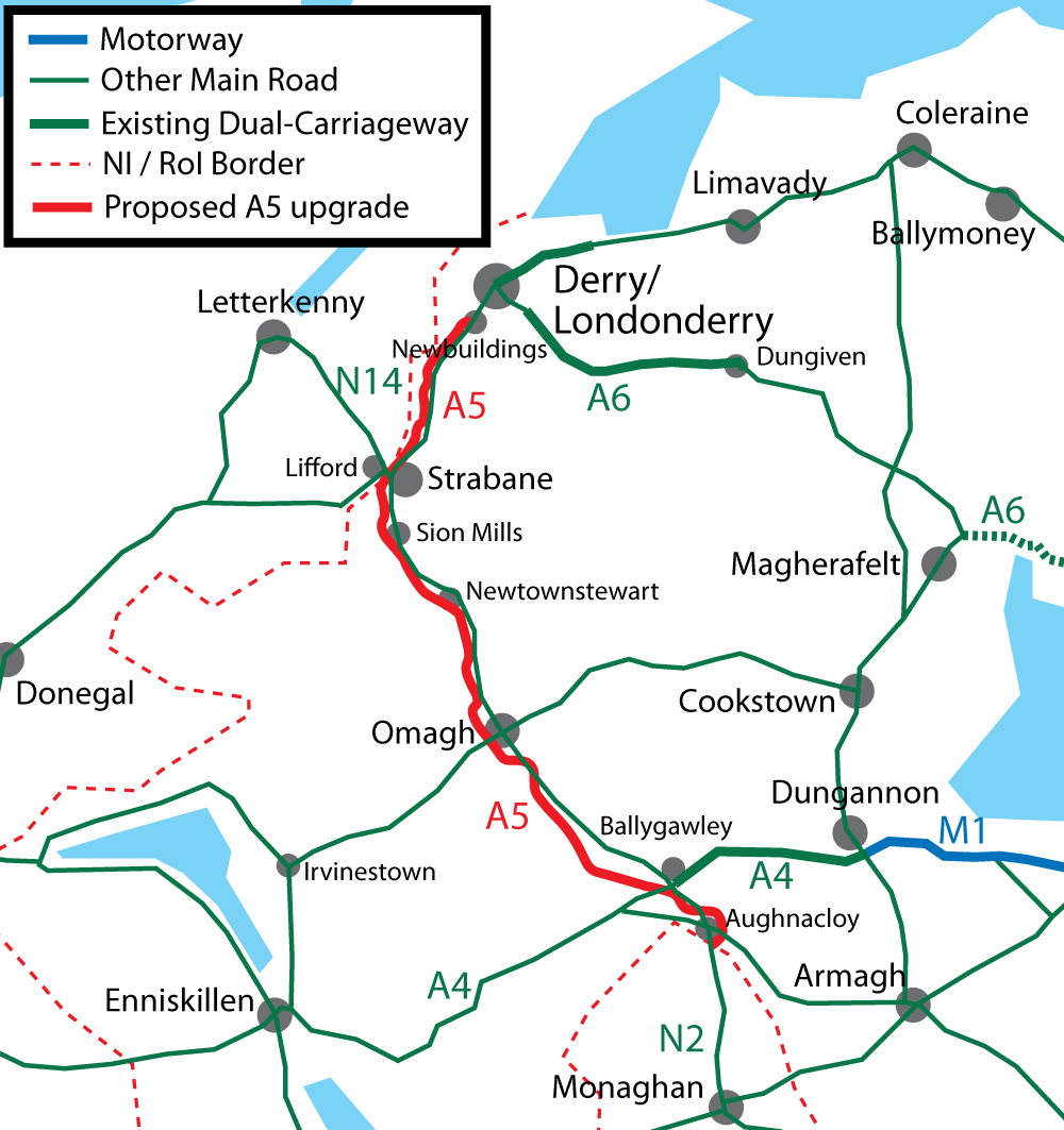 Route of A5
                          starting at Derry in the north and heading
                          generally south past Strabane Omagh to
                          Aughnacloy.