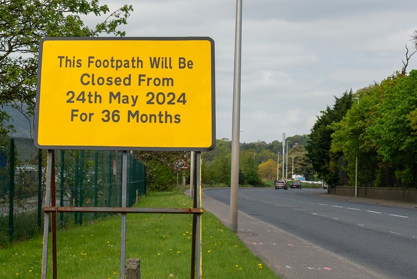 Sign reads "This footpath will
                                be closed from 24th May 2024 for 36
                                months"