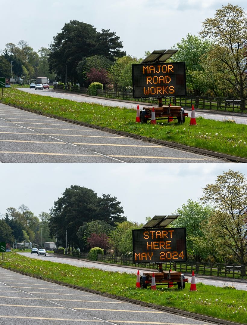 VMS sign that reads "Major
                                road works start here May 2024"