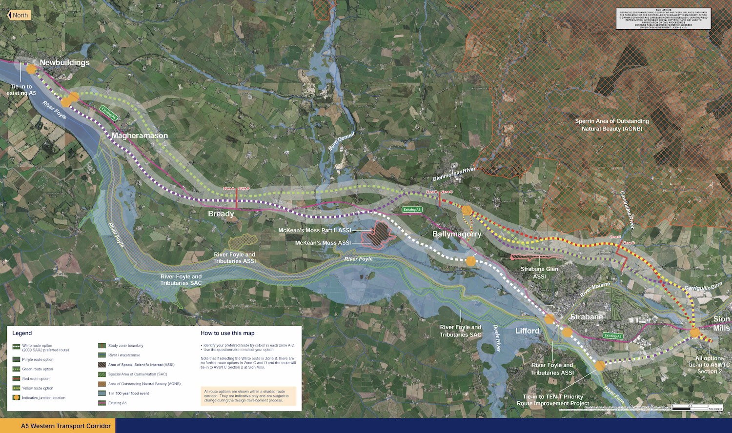 Derry to left, Strabane to right, with
                          several lines following diferent routes
                          between the two ends. They are too complex to
                          summarise here I am afraid.